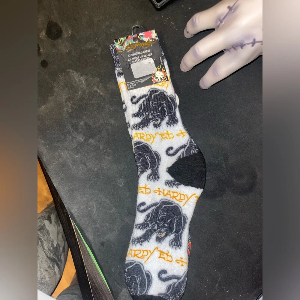 Ed Hardy Gray Crew Socks with Skull, Red Heart & Flame Graphics